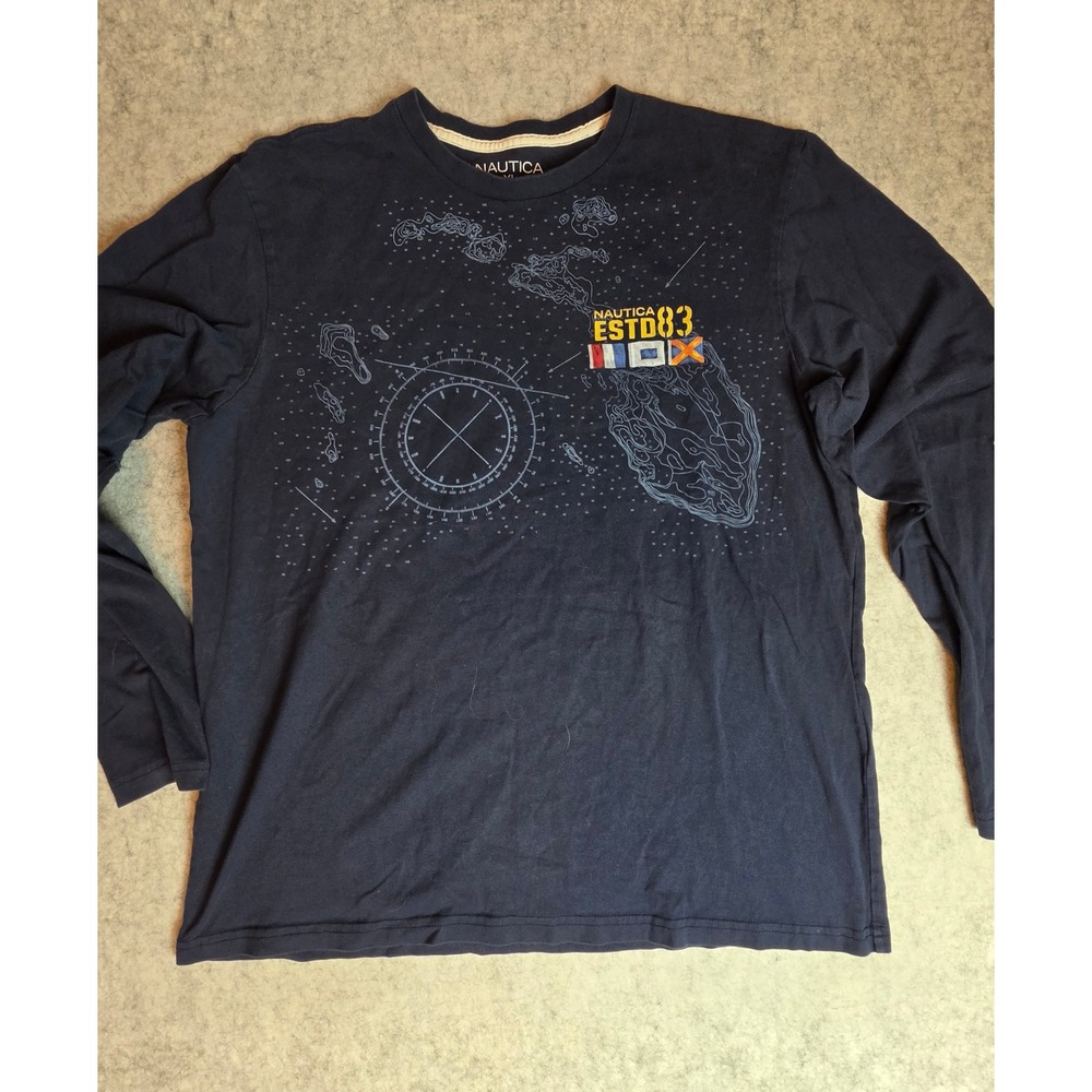 Nautica Mens XL Navy Long Sleeve Graphic Tee Nautical Signal Flags Map T-Shirt